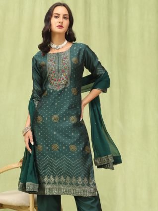Women   s Viscose Roman Silk Embroidery Straight Kurta Pant with Dupatta Set