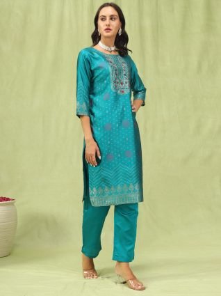 Women   s Viscose Roman Silk Embroidery Straight Kurta Pant with Dupatta Set