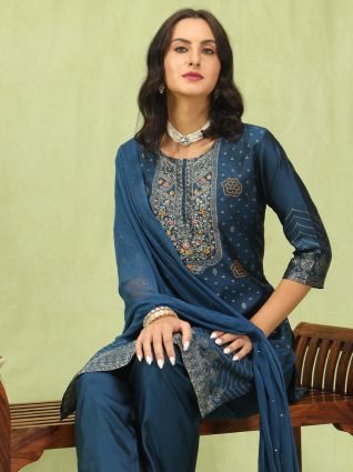 Women   s Viscose Roman Silk Embroidery Straight Kurta Pant with Dupatta Set