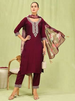 Women   s Viscose Roman Silk Embroidery Straight Kurta Pant with Dupatta Set