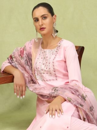 Women   s Viscose Roman Silk Embroidery Straight Kurta Pant with Dupatta Set