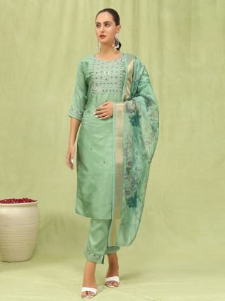 Women   s Viscose Roman Silk Embroidery Straight Kurta Pant with Dupatta Set