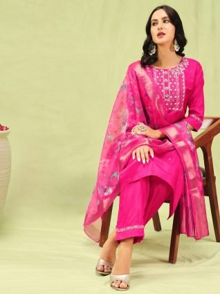 Women   s Viscose Roman Silk Embroidery Straight Kurta Pant with Dupatta Set