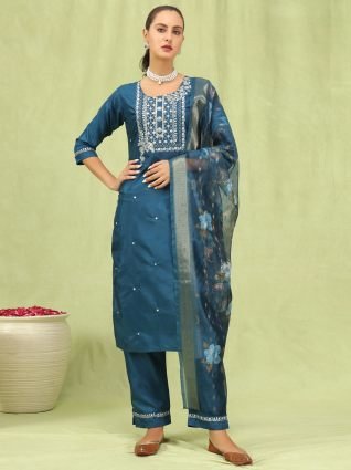 Women   s Viscose Roman Silk Embroidery Straight Kurta Pant with Dupatta Set