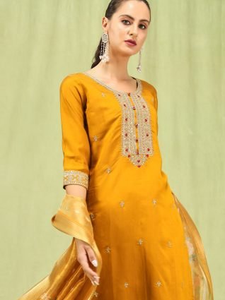 Women   s Viscose Roman Silk Embroidery Straight Kurta Pant with Dupatta Set