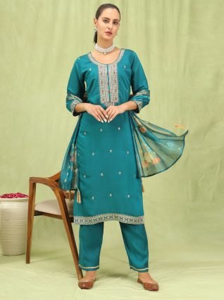 Women   s Viscose Roman Silk Embroidery Straight Kurta Pant with Dupatta Set