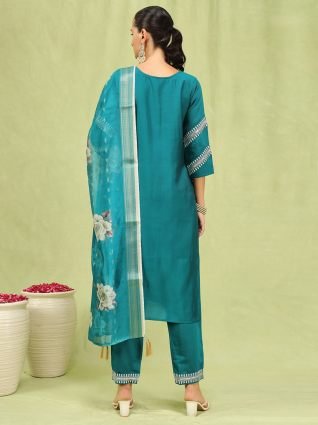 Women   s Viscose Roman Silk Embroidery Straight Kurta Pant with Dupatta Set