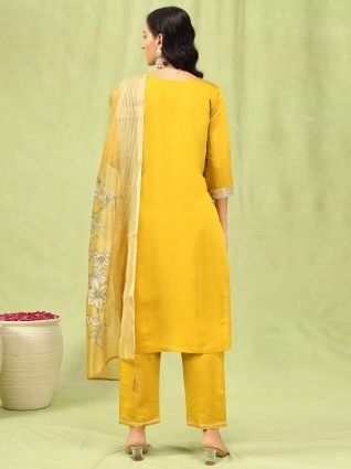 Women   s Viscose Roman Silk Embroidery Straight Kurta Pant with Dupatta Set