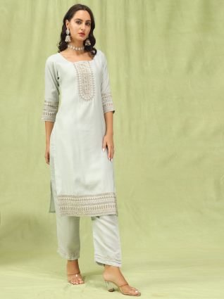 Women   s Viscose Roman Silk Embroidery Straight Kurta Pant with Dupatta Set