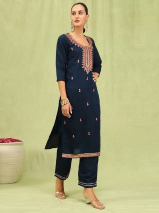 Women s Viscose Roman Silk Embroidery Straight Kurta Pant with Dupatta Set