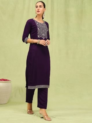 Women   s Viscose Roman Silk Embroidery Straight Kurta Pant with Dupatta Set