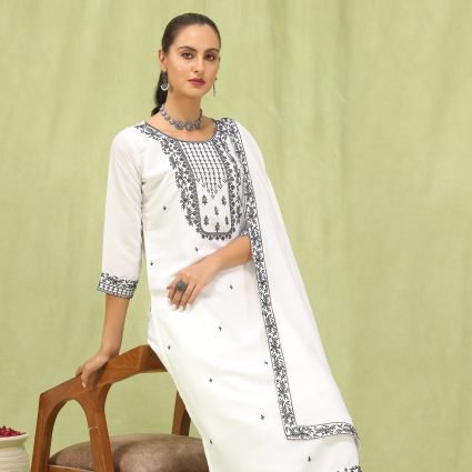 Women   s Viscose Roman Silk Embroidery Straight Kurta Pant with Dupatta Set