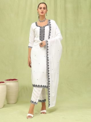 Women   s Viscose Roman Silk Embroidery Straight Kurta Pant with Dupatta Set