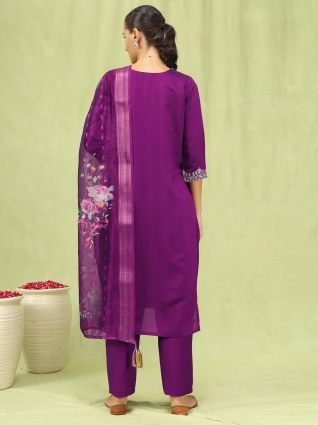 Women   s Viscose Roman Silk Embroidery Straight Kurta Pant with Dupatta Set