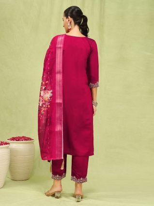 Women   s Viscose Roman Silk Embroidery Straight Kurta Pant with Dupatta Set