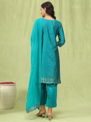 Women   s Viscose Roman Silk Embroidery Straight Kurta Pant with Dupatta Set