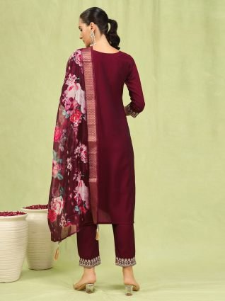 Women   s Viscose Roman Silk Embroidery Straight Kurta Pant with Dupatta Set