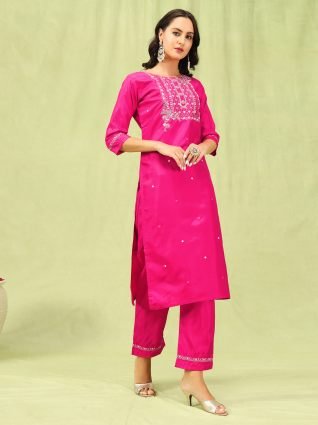Women   s Viscose Roman Silk Embroidery Straight Kurta Pant with Dupatta Set