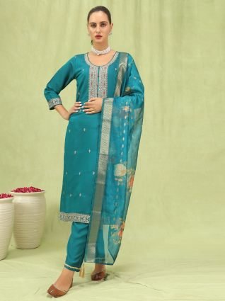 Women   s Viscose Roman Silk Embroidery Straight Kurta Pant with Dupatta Set