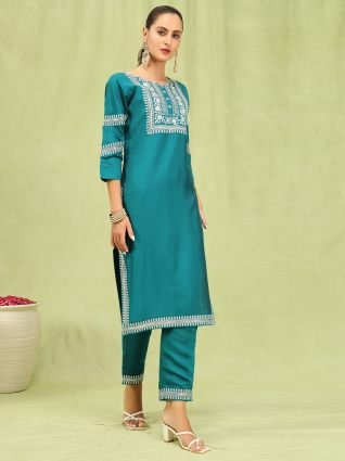 Women   s Viscose Roman Silk Embroidery Straight Kurta Pant with Dupatta Set
