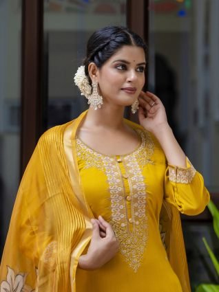 Women s Viscose Roman Silk Embroidery Straight Kurta Pant with Dupatta Set