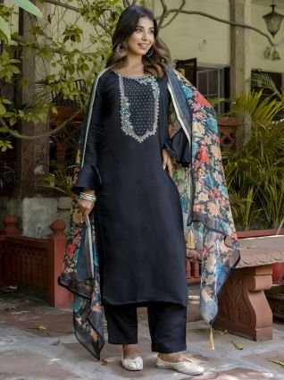 Women   s Viscose Roman Silk Embroidery Straight Kurta Pant with Dupatta Set