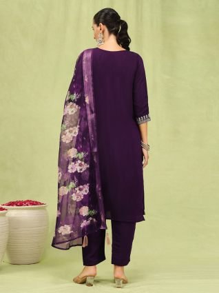 Women   s Viscose Roman Silk Embroidery Straight Kurta Pant with Dupatta Set