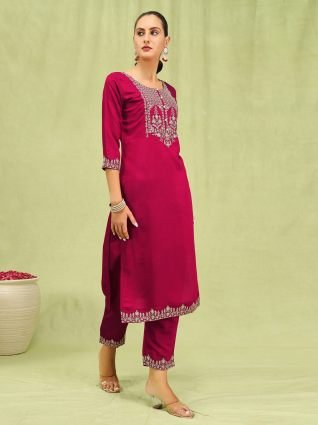 Women   s Viscose Roman Silk Embroidery Straight Kurta Pant with Dupatta Set