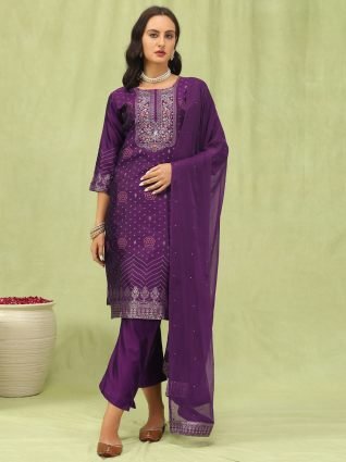 Women   s Viscose Roman Silk Embroidery Straight Kurta Pant with Dupatta Set