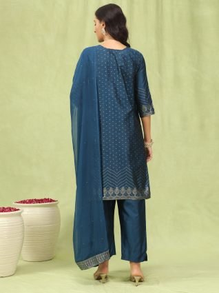 Women   s Viscose Roman Silk Embroidery Straight Kurta Pant with Dupatta Set