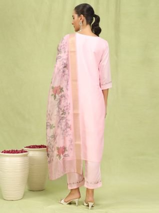Women   s Viscose Roman Silk Embroidery Straight Kurta Pant with Dupatta Set
