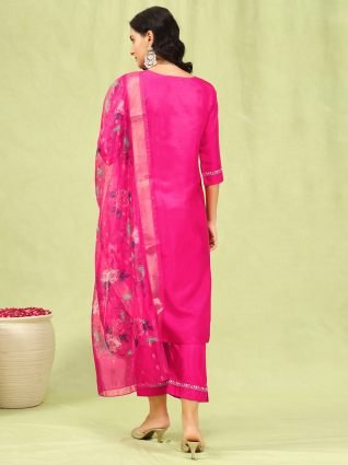 Women   s Viscose Roman Silk Embroidery Straight Kurta Pant with Dupatta Set