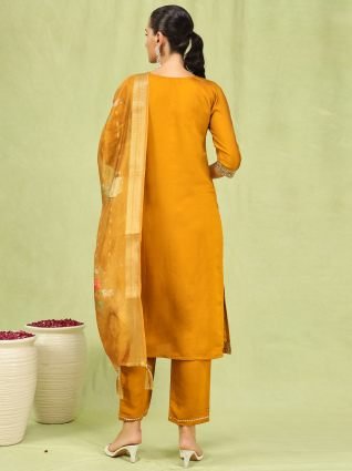 Women   s Viscose Roman Silk Embroidery Straight Kurta Pant with Dupatta Set