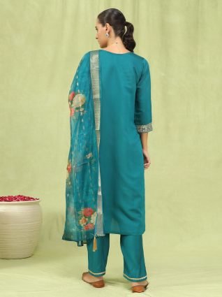 Women   s Viscose Roman Silk Embroidery Straight Kurta Pant with Dupatta Set