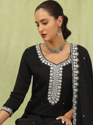 Women   s Viscose Roman Silk Embroidery Straight Kurta Pant with Dupatta Set