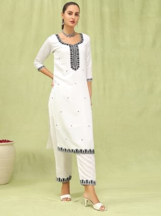 Women   s Viscose Roman Silk Embroidery Straight Kurta Pant with Dupatta Set