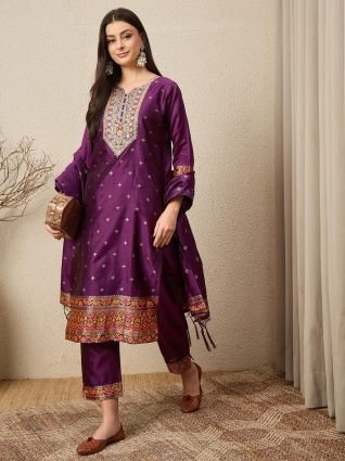 Women Teal Yoke Design Silk Blend Straight Suit With Dupatta