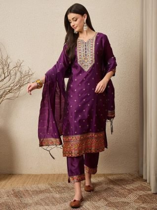 Women Teal Yoke Design Silk Blend Straight Suit With Dupatta