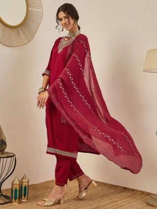 Womens Embroidered Viscose Rayon Kurta Pant Set with Chanderi Silk Dupatta Stylish Ethnic Wear