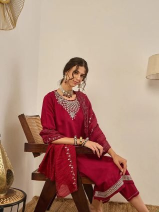 Womens Embroidered Viscose Rayon Kurta Pant Set with Chanderi Silk Dupatta Stylish Ethnic Wear