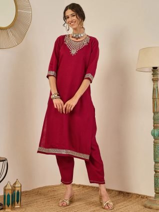 Womens Embroidered Viscose Rayon Kurta Pant Set with Chanderi Silk Dupatta Stylish Ethnic Wear