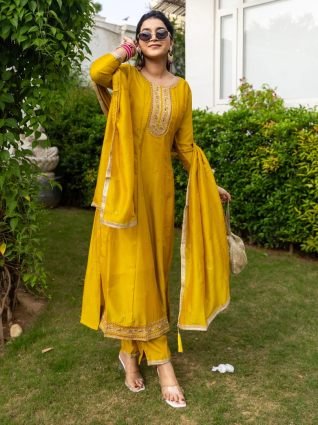 Yellow Silk Blend Embroidered Anarkali Set