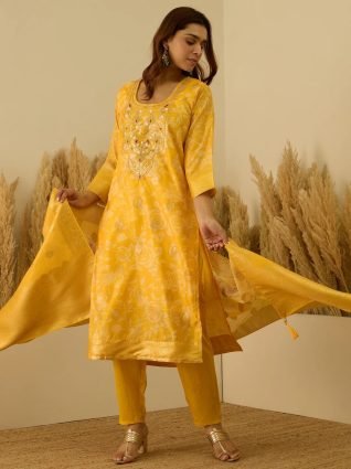 Yellow Silk Blend Embroidered Straight Kurta Set with Trousers   Dupatta