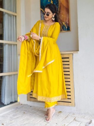 Yellow Silk Blend Embroidered Anarkali Set