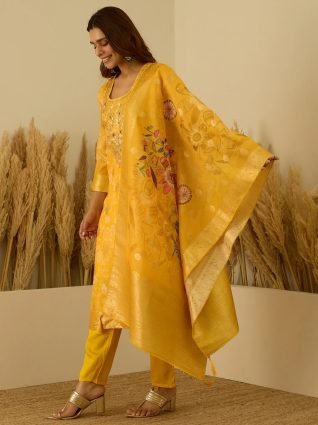 Yellow Silk Blend Embroidered Straight Kurta Set with Trousers   Dupatta