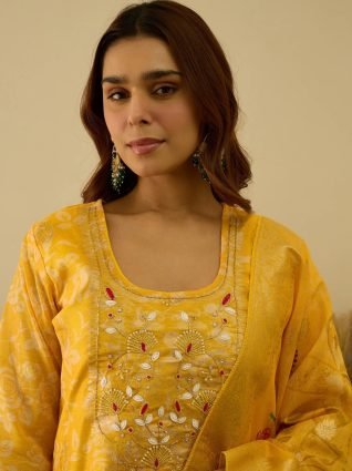 Yellow Silk Blend Embroidered Straight Kurta Set with Trousers   Dupatta