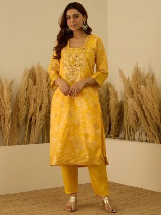 Yellow Silk Blend Embroidered Straight Kurta Set with Trousers   Dupatta