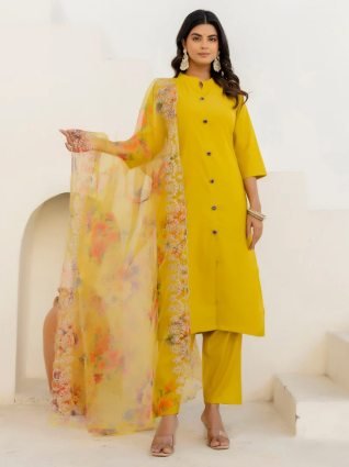 Yellow Silk Blend Women Ethnic Suit Sets