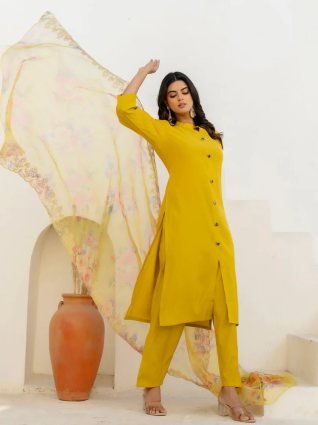 Yellow Silk Blend Women Ethnic Suit Sets