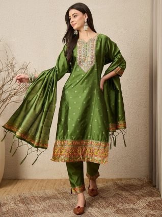Yoke Design Silk Blend Straight Suit With Dupatta